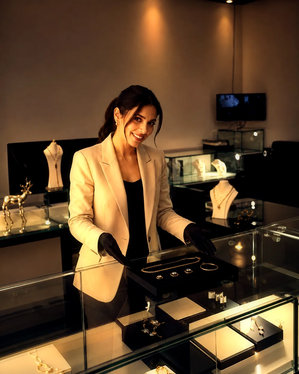 Tasadora de Joyería Kendra presentando una bandeja de piezas de oro sobre la vitrina del local de Miraflores