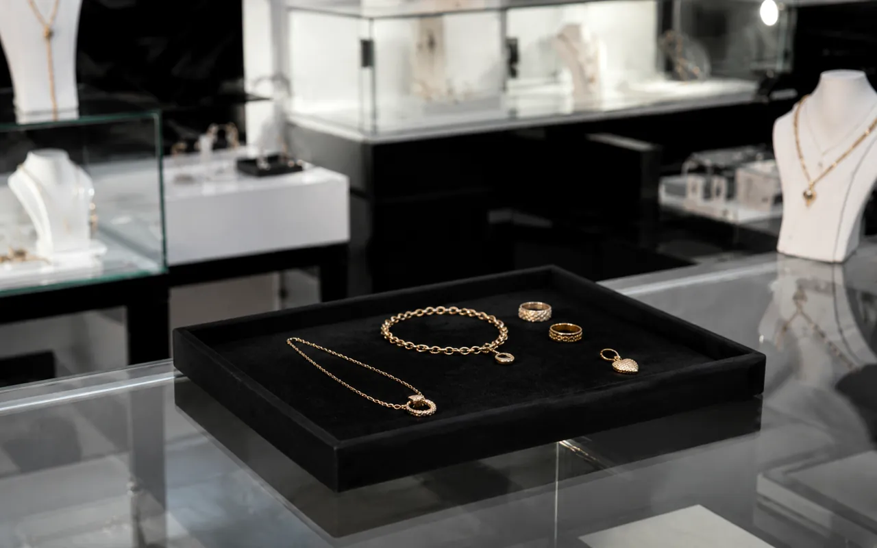 Bandeja de piezas de oro sobre el mostrador de Joyería Kendra