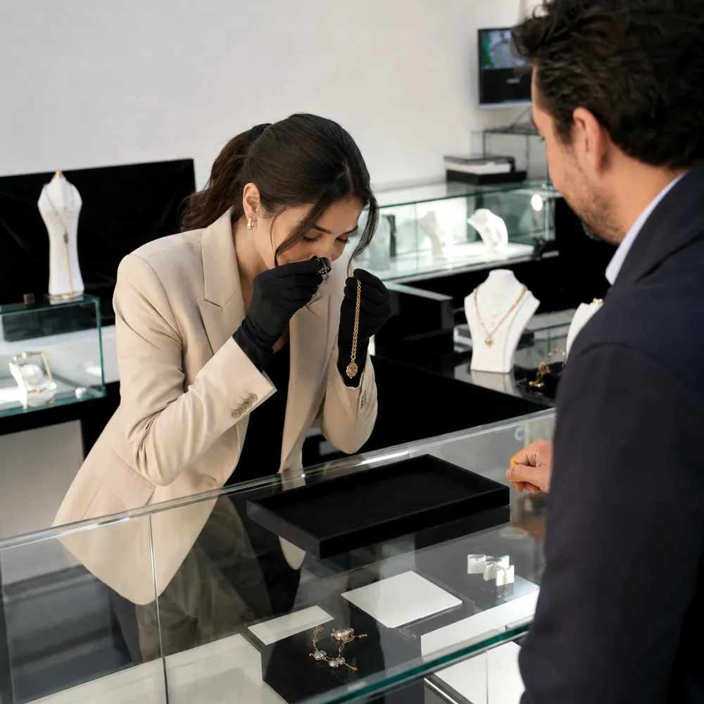 Tasadora examinando con lupa una cadena de oro sobre el mostrador de Joyería Kendra
